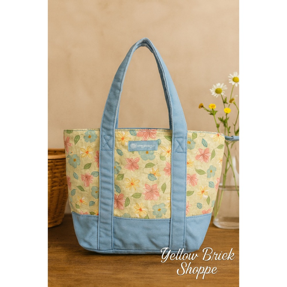 Longaberger Quilted Floral Tote‎ Bag – Blue Trim & Handles
